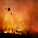Helicopter fighting forest fire with water bucket.
