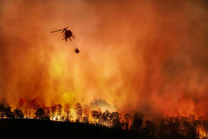 Helicopter fighting forest fire with water bucket.