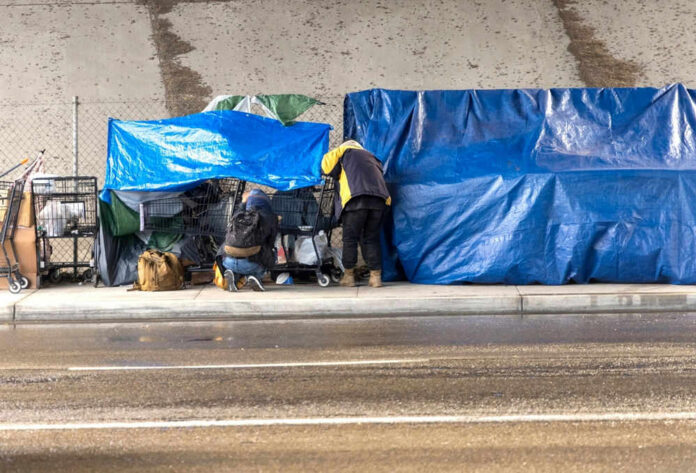 Two people with tarps and shopping carts outdoors