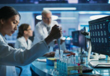 Scientist using pipette at lab bench with test tubes and monitors