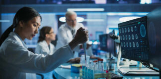 Scientist using pipette at lab bench with test tubes and monitors