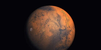 Planet Mars against a black background.
