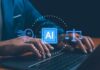 Person typing on a laptop with AI and legal symbols displayed