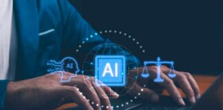 Person typing on a laptop with AI and legal symbols displayed
