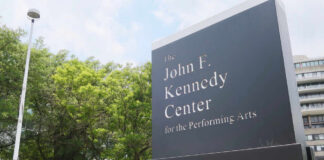 Sign for the John F. Kennedy Center for the Performing Arts with trees in the background