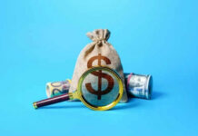 Money bag and magnifying glass on blue background