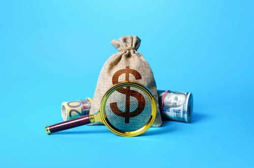 Money bag and magnifying glass on blue background