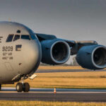 U.S. Air Force cargo plane taxiing on runway
