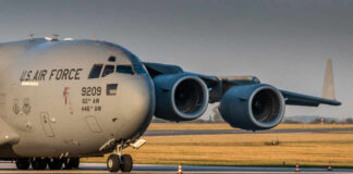 U.S. Air Force cargo plane taxiing on runway