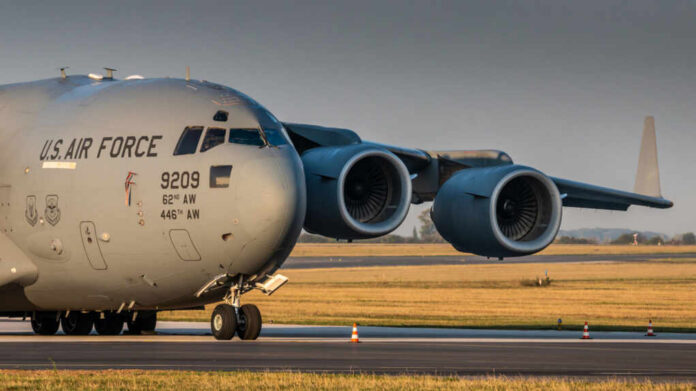 U.S. Air Force cargo plane taxiing on runway