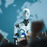 Humanoid robot at a press conference podium with microphones