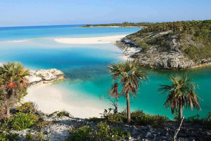 Tropical lagoon with turquoise water and white sand beach