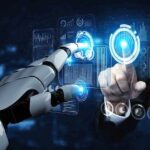 Robot hand and human hand touching digital interface