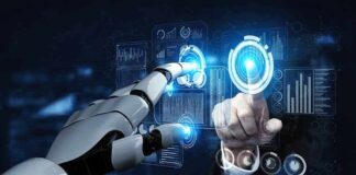 Robot hand and human hand touching digital interface