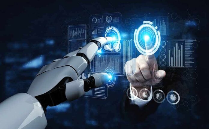 Robot hand and human hand touching digital interface