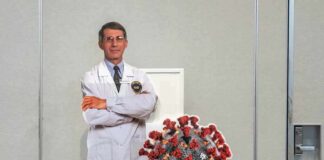 Cardboard cutout of doctor with COVID-19 virus info display