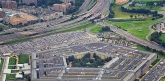 Aerial view of a large pentagon-shaped government complex