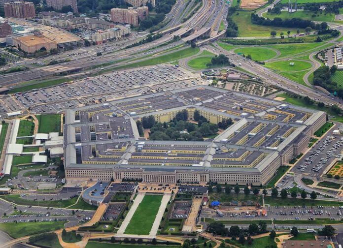 Aerial view of a large pentagon-shaped government complex