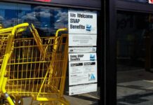 Stolen Benefits – Now a ‘Qualification’? Yellow shopping carts beside store entrance with SNAP benefits sign