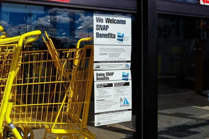 shutterstock_1346649896 Yellow shopping carts beside store entrance with SNAP benefits sign