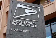 USPS headquarters sign on building exterior