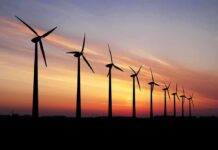 Wind turbines silhouetted at sunset over a flat landscape
