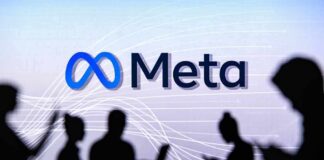 Meta logo with silhouetted people using devices