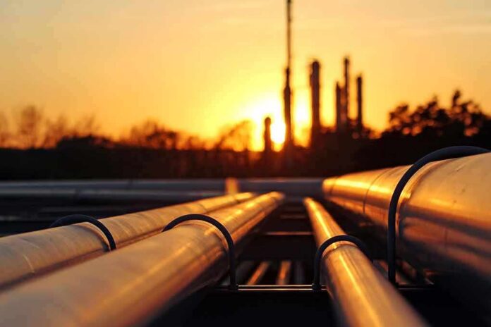 Industrial pipelines at sunset