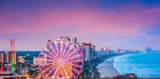 Ferris wheel on a beachfront city at sunset
