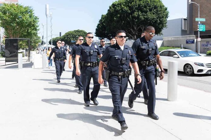 Police officers walking in formation on a city sidewalk