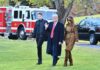 Lawfare Applause Targets Private Citizens Donald Trump and Melania Trump walk across a lawn with another person
