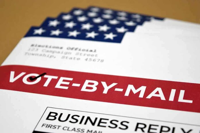 shutterstock_1784036579 Mail-in ballot envelope with red vote-by-mail banner