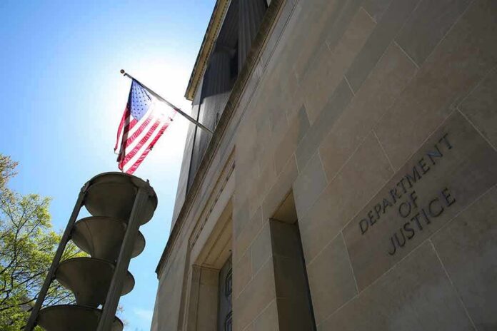 American flag on a pole outside a stone government building